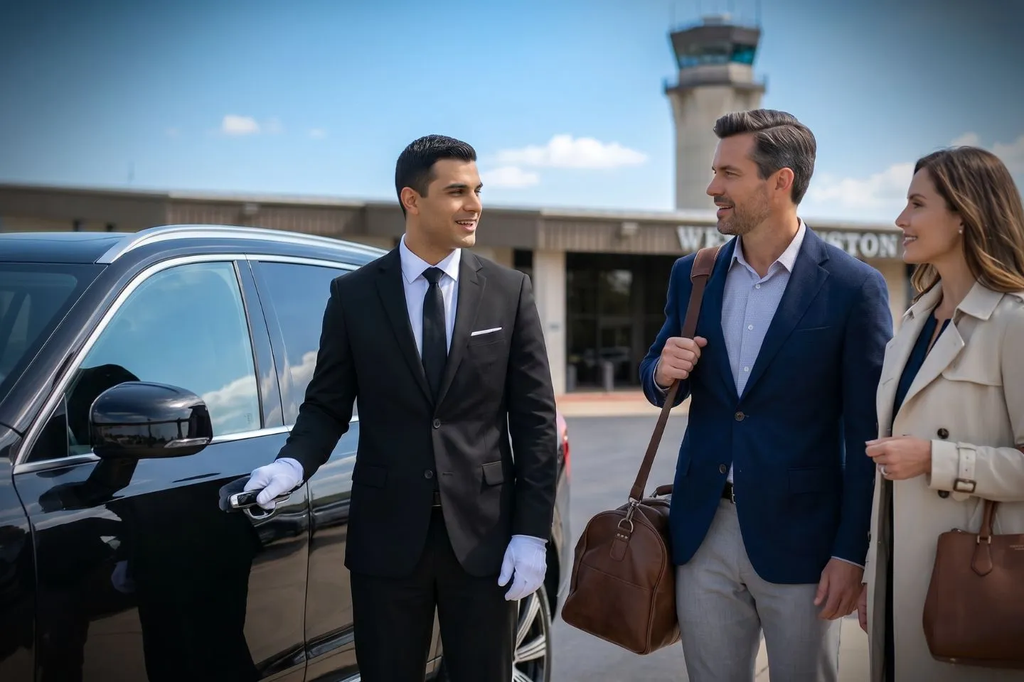 West Houston (IWS) Airport Car Service Professional chauffeur greeting passenger at IWS FBO lobby private aviation arrivals