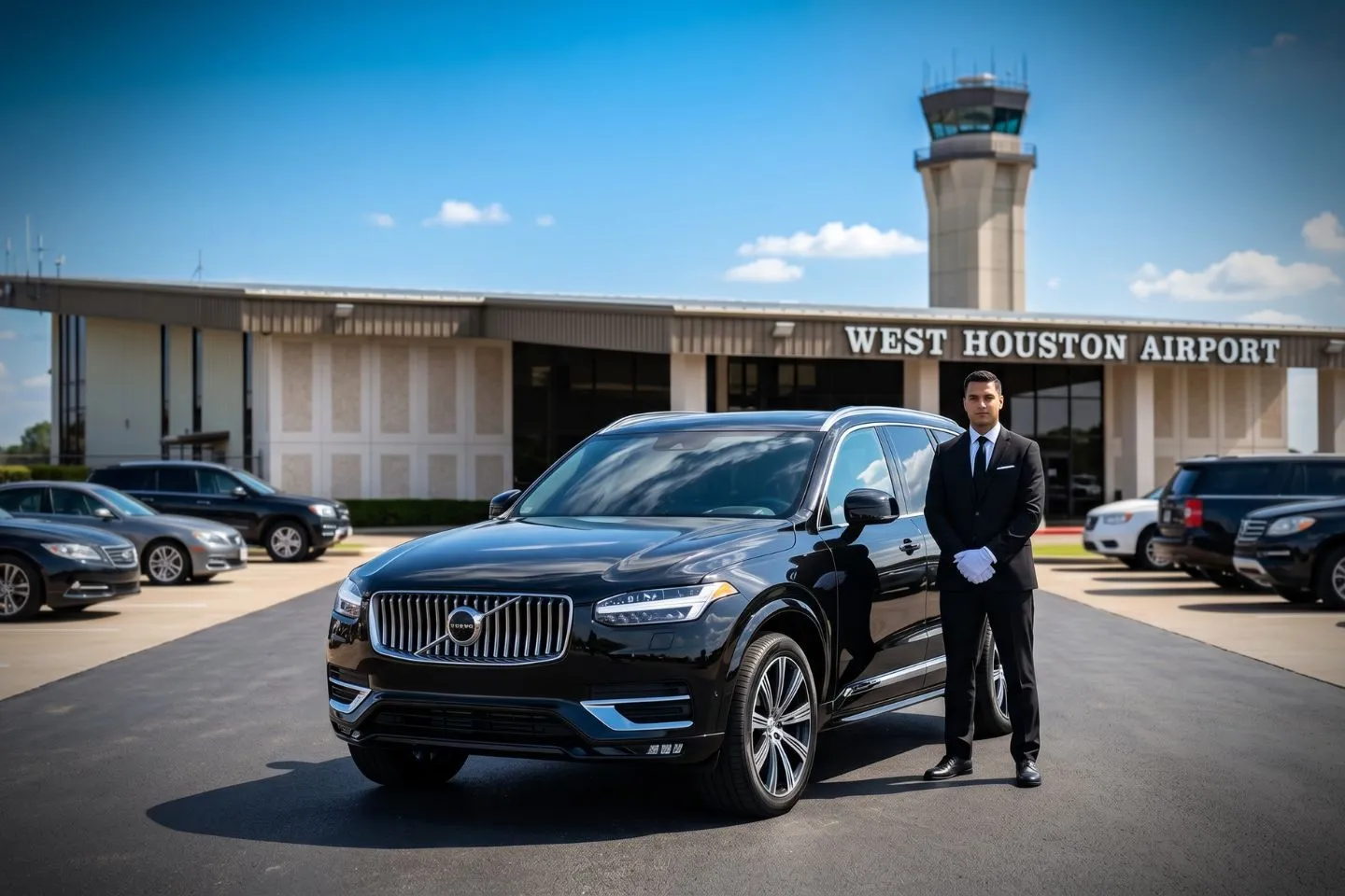 West Houston (IWS) Airport Car Service Premium SUV ready for IWS airport pickup near private jet terminal in west Houston suburbs