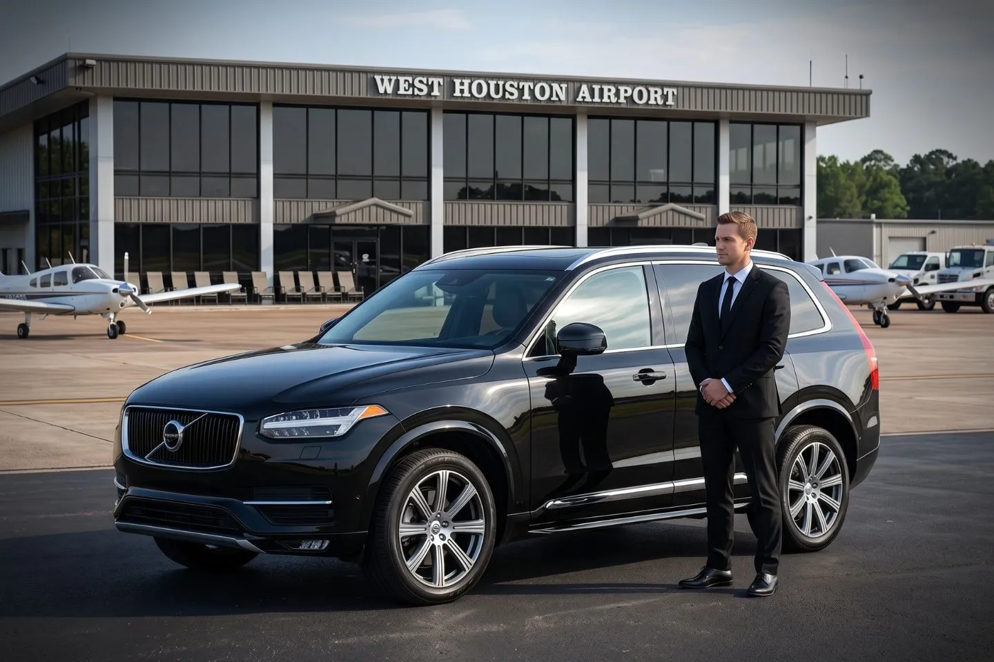 West Houston (IWS) Airport Car Service Black luxury sedan parked at West Houston Airport FBO entrance in Houston Texas