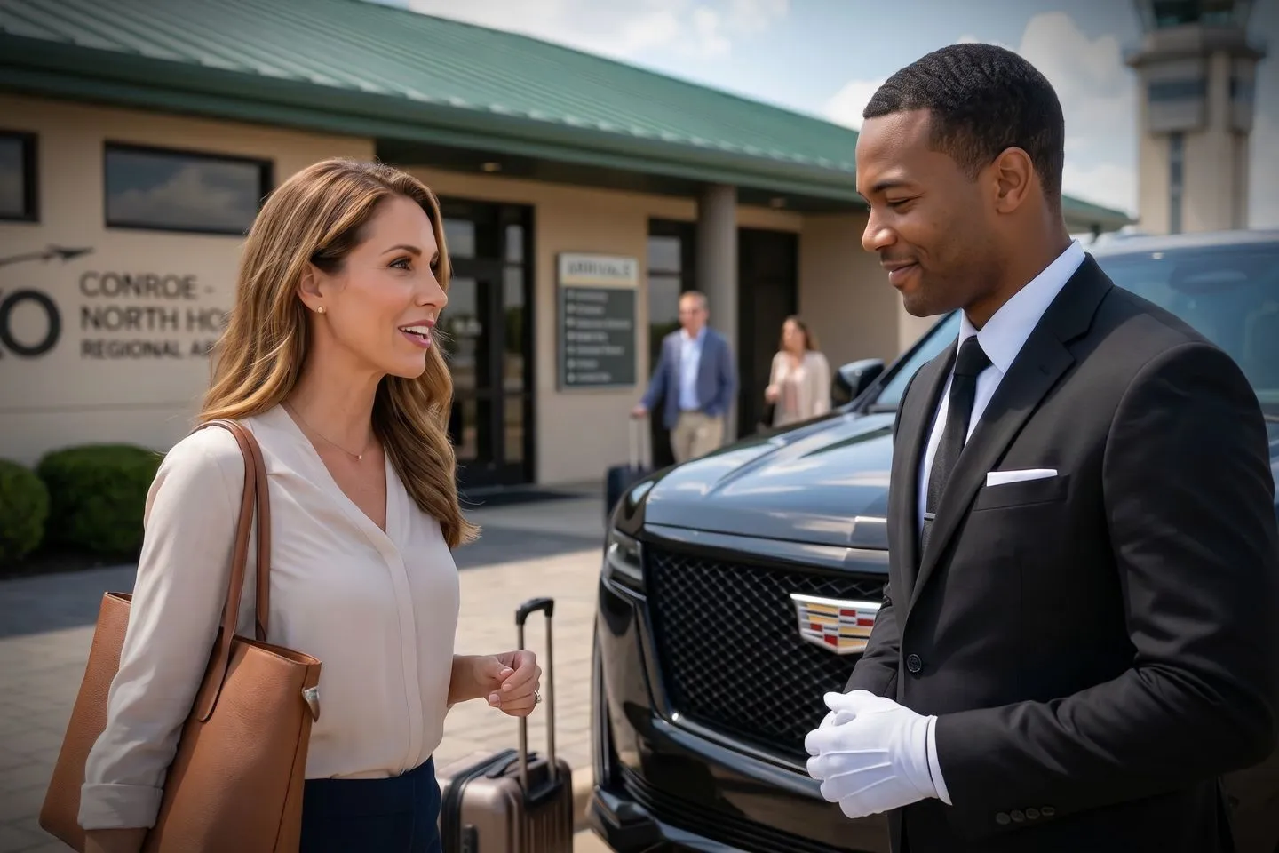 Conroe North Houston Regional (CXO) Airport Car Service Professional chauffeur greeting passenger at CXO FBO lobby private aviation arrivals