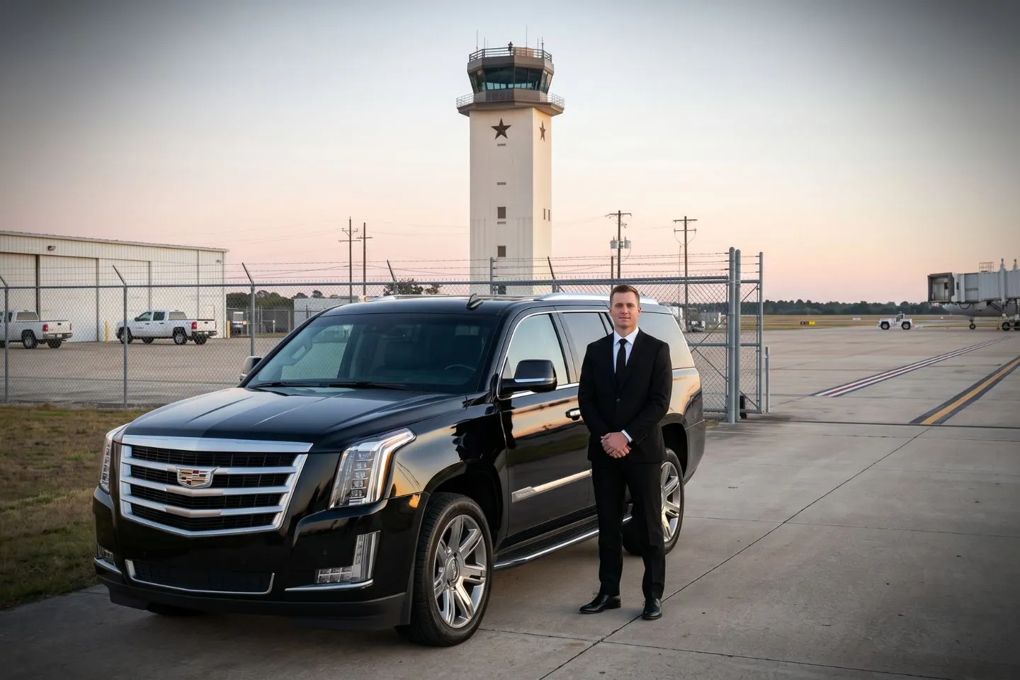 Conroe North Houston Regional (CXO) Airport Car Service Black luxury sedan parked at Conroe North Houston Regional Airport FBO entrance in Texas