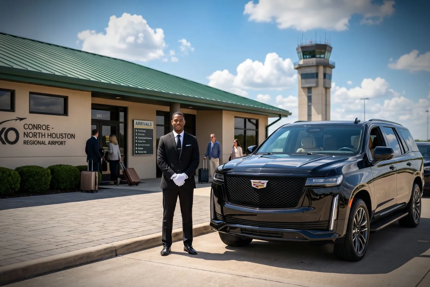 Conroe North Houston Regional (CXO) Airport Car Service Premium SUV ready for CXO airport pickup near The Woodlands Houston suburbs