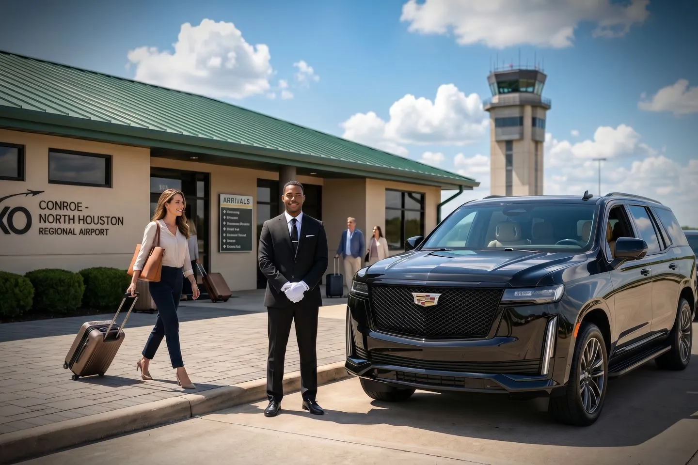 Conroe North Houston Regional (CXO) Airport Car Service Sprinter van for group transfers from Conroe North Houston Airport to The Woodlands Mall