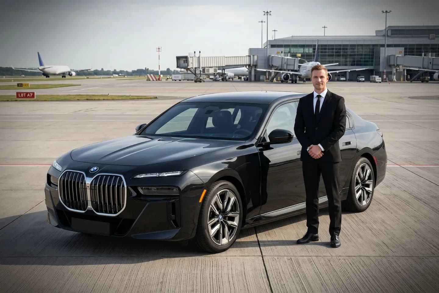 Borger Hutchinson County Airport (BGD) Airport Car Service Black luxury sedan parked at Borger Hutchinson County Airport terminal curbside in Texas