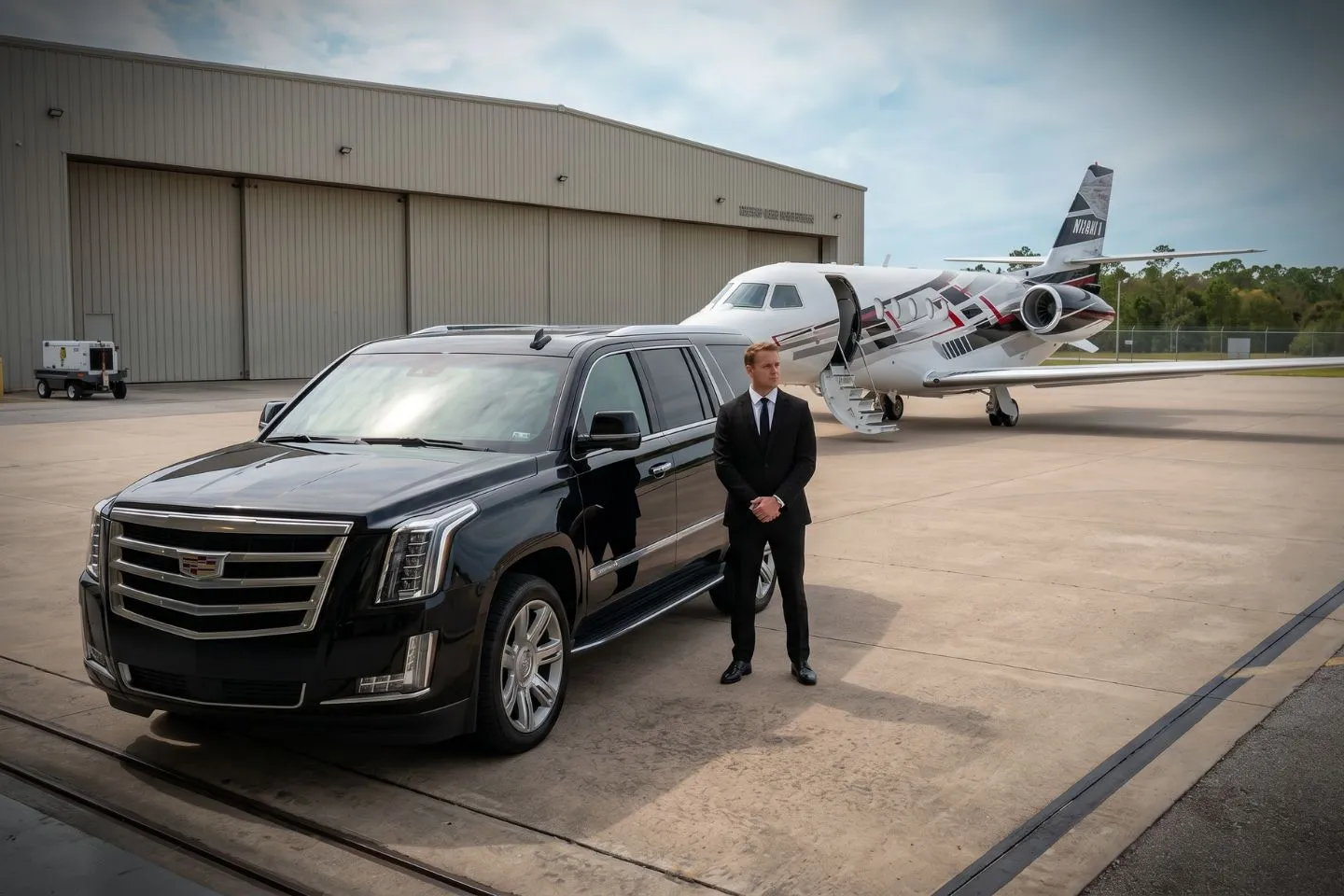 Brunswick Golden Isles (BQK) Airport Car Service Black Cadillac Escalade chauffeured car at Brunswick Golden Isles airport for ride to Federal Law Enforcement Training Center
