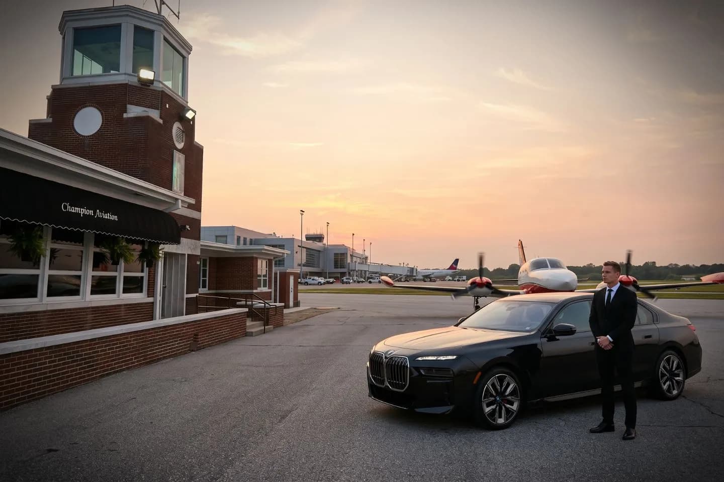 Gainesville Lee Gilmer Memorial (GVL) Airport Car Service Luxury black Mercedes Benz S Class at Gainesville Lee Gilmer Memorial Airport GVL terminal curbside in Georgia