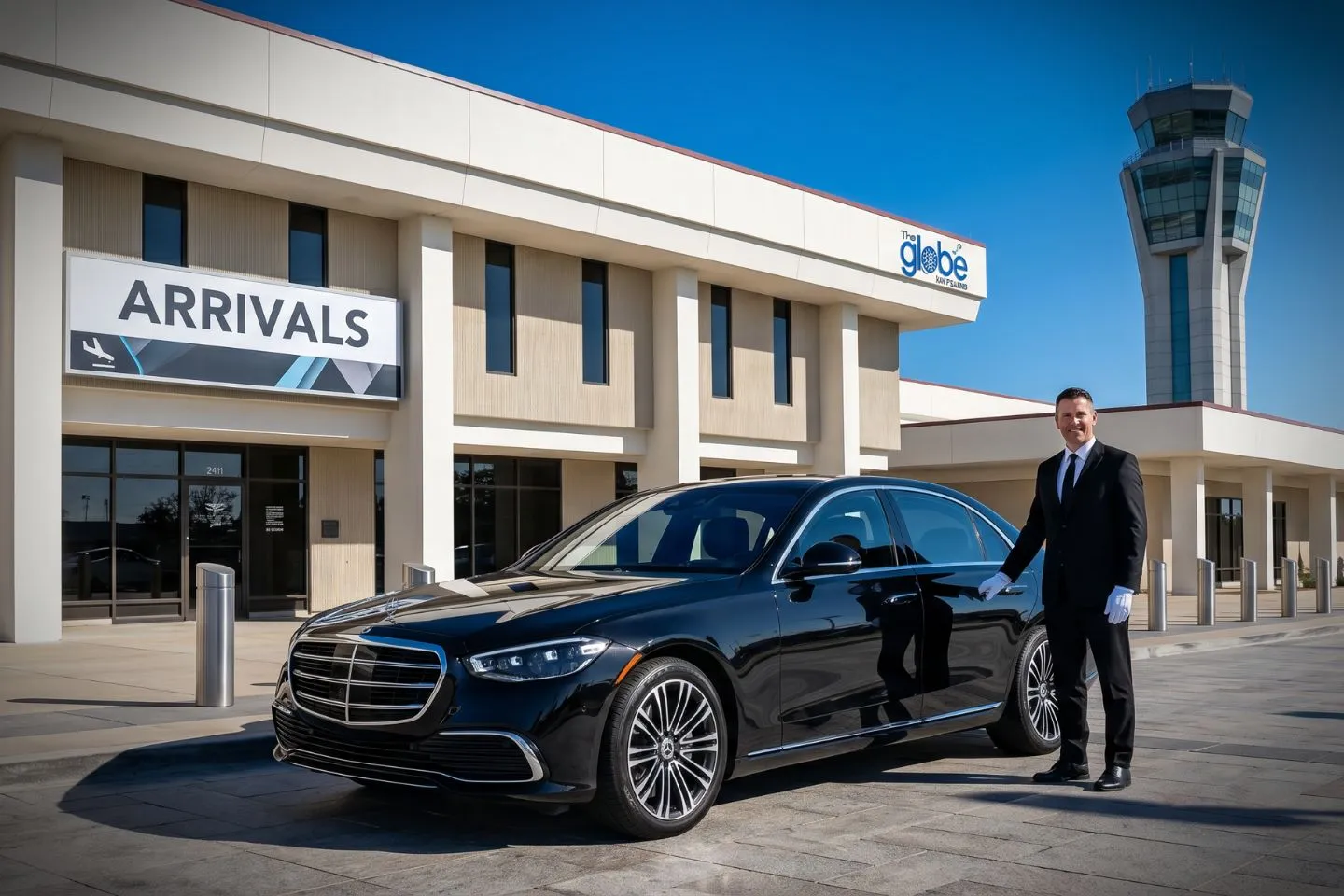 DeKalb Peachtree (PDK) Airport Car Service Luxury black Mercedes Benz S Class at DeKalb Peachtree Airport PDK terminal curbside in Chamblee Georgia
