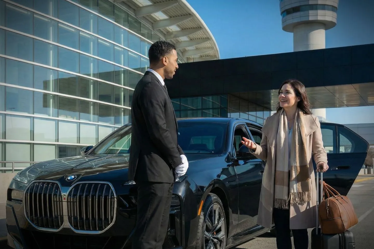 Seattle-Tacoma International (SEA) Airport Car Service Professional chauffeur greeting passenger at SEA baggage claim arrivals area