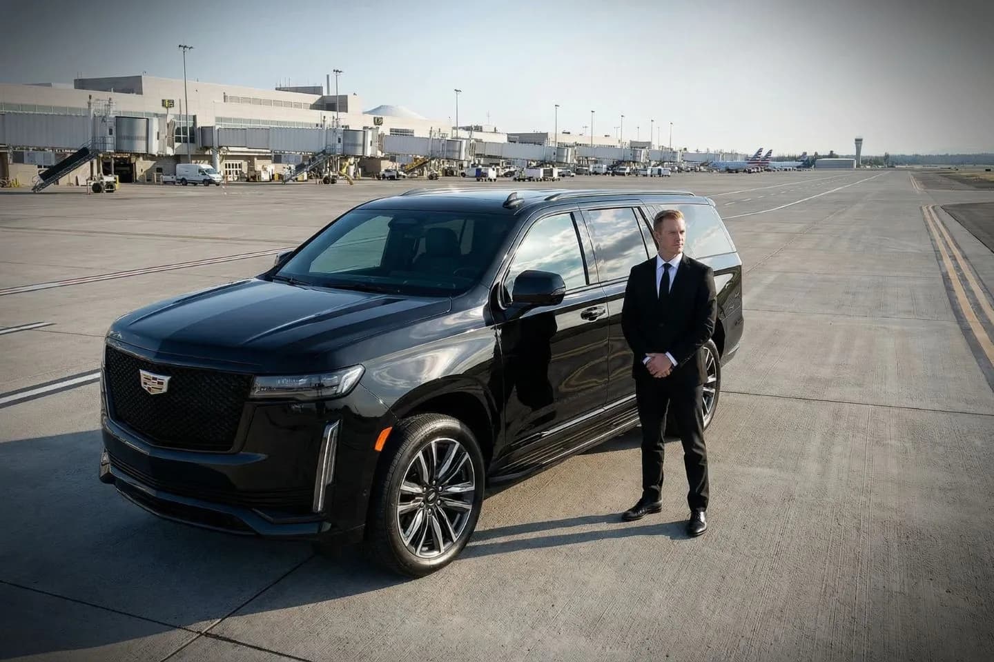 Spokane International (GEG) Airport Car Service Black luxury sedan parked at Spokane International Airport terminal curbside in Washington