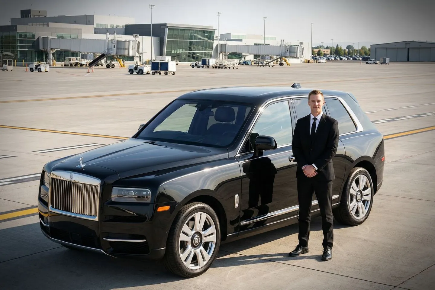 Tri Cities Pasco/Kennewick/Richland (PSC) Airport Car Service Black luxury sedan parked at Tri Cities Pasco Airport terminal curbside in Washington