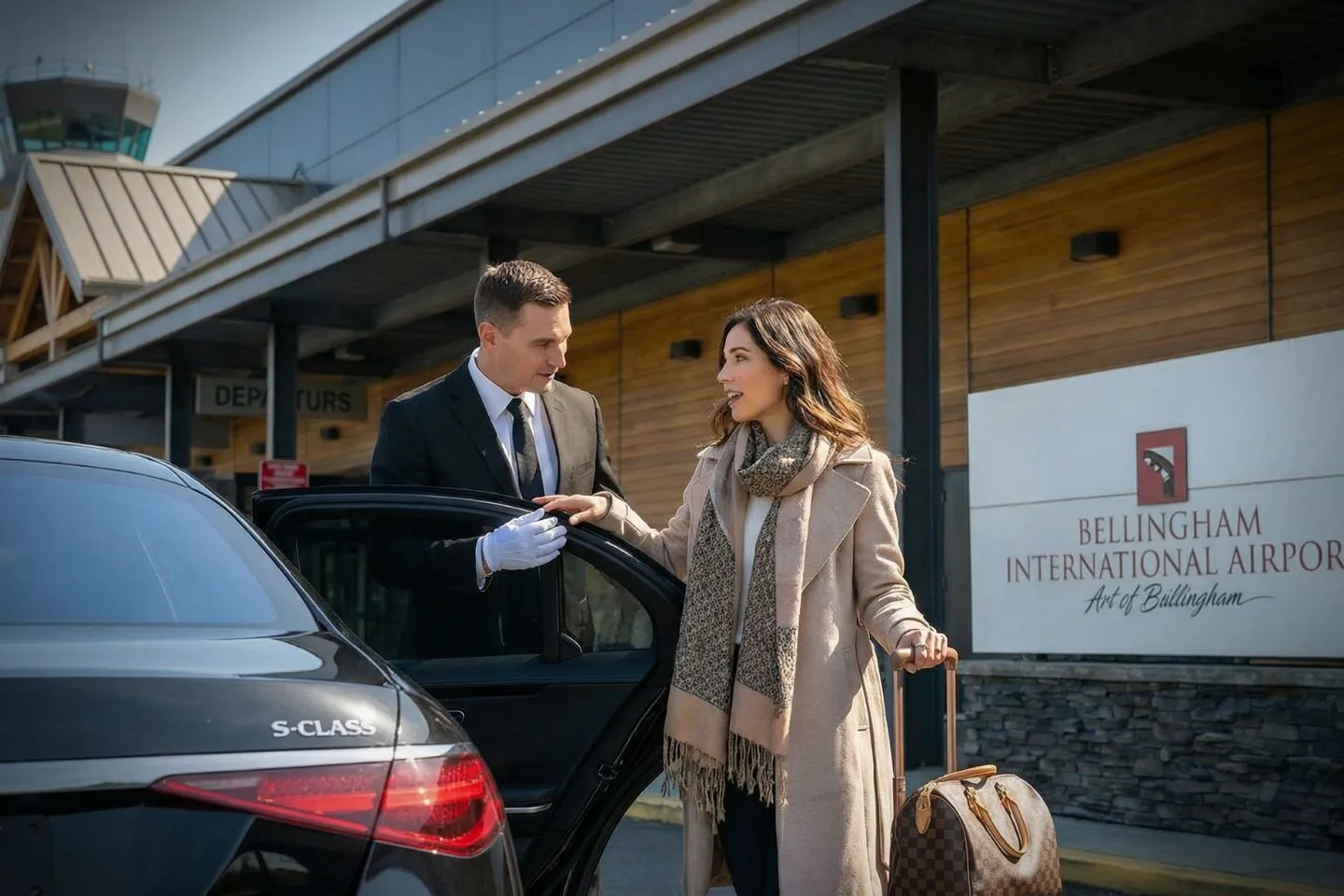 Bellingham International (BLI) Airport Car Service Professional chauffeur greeting passenger at BLI baggage claim arrivals area