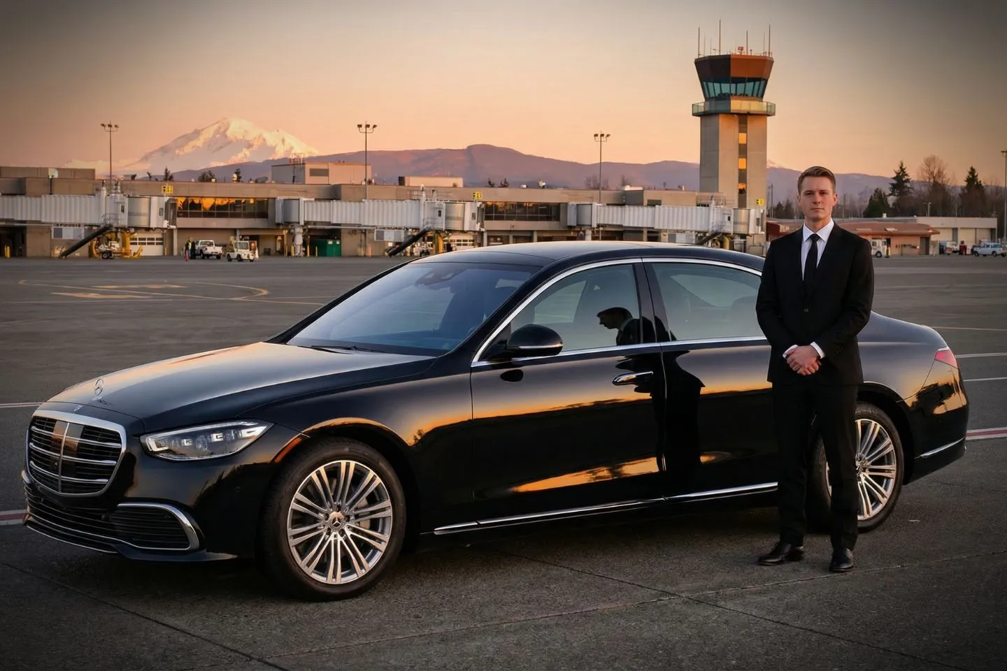 Bellingham International (BLI) Airport Car Service Black luxury sedan parked at Bellingham International Airport terminal curbside in Washington