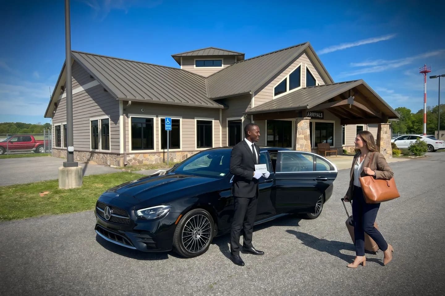 Blairsville Muni (DZJ) Airport Car Service Union Limousine chauffeur greeting Brasstown Bald hiker at DZJ Blairsville Municipal airport FBO