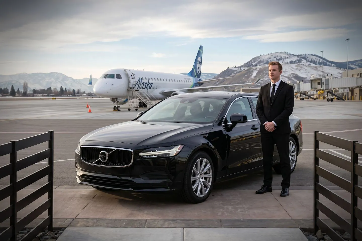 Pangborn Memorial (EAT) Airport Car Service Black luxury sedan parked at Pangborn Memorial Airport terminal curbside in Wenatchee Washington