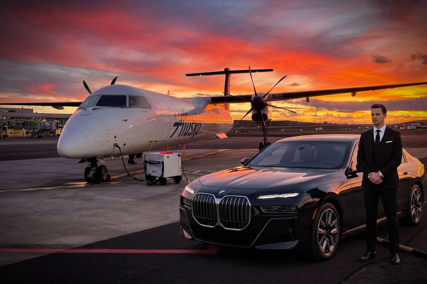 Pullman-Moscow Regional (PUW) Airport Car Service Black luxury sedan parked at Pullman-Moscow Regional Airport terminal curbside in Washington