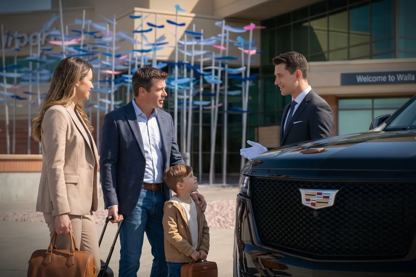 Walla Walla Regional (ALW) Airport Car Service Professional chauffeur greeting passenger at ALW baggage claim arrivals area