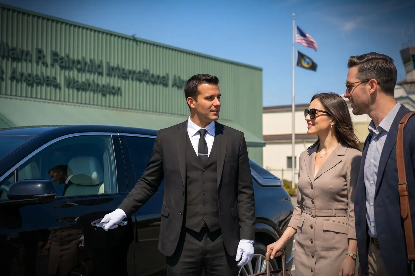 William R Fairchild International (CLM) Airport Car Service Professional chauffeur greeting passenger at CLM arrivals area in Olympic Peninsula
