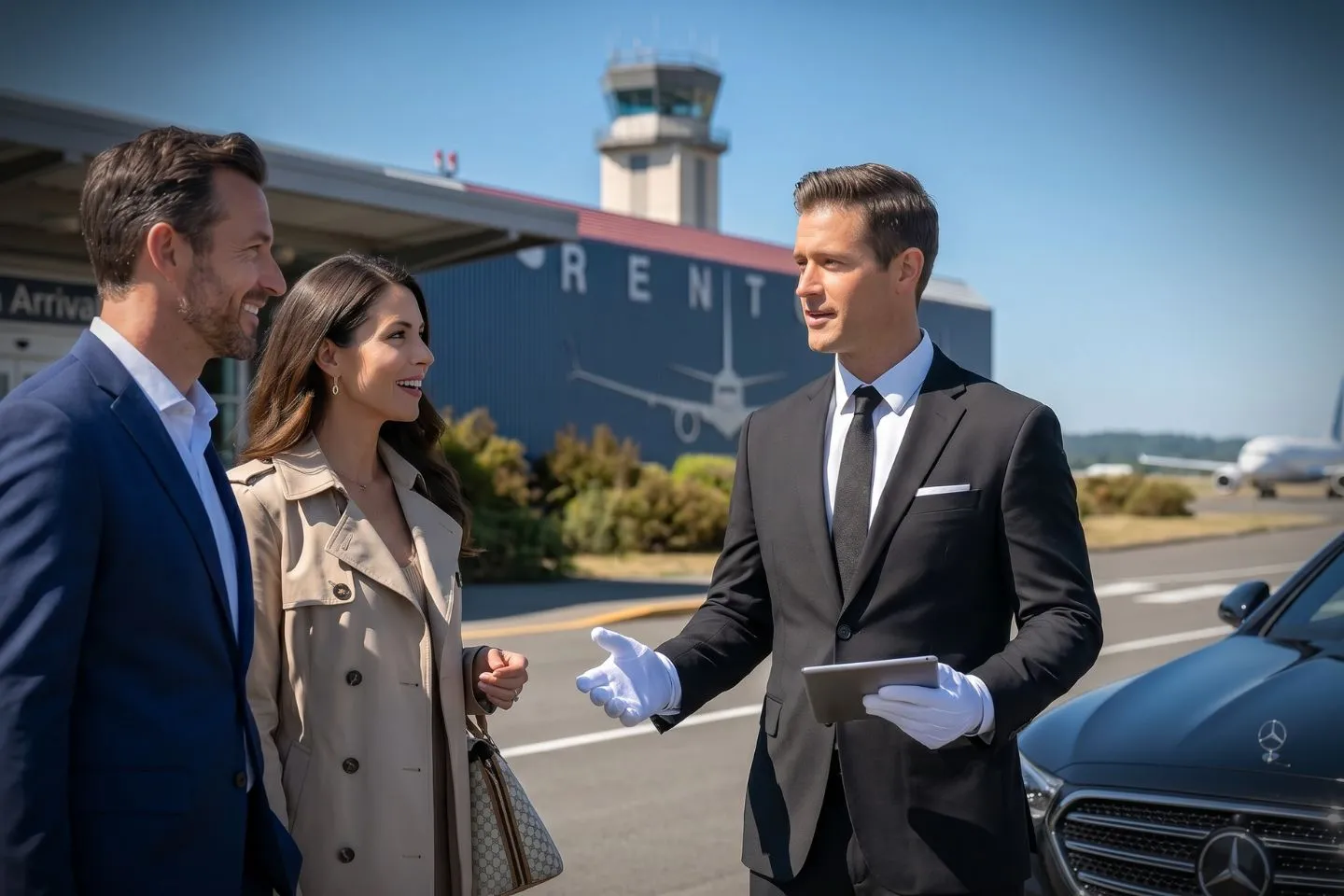 Renton Municipal (RNT) Airport Car Service Professional chauffeur greeting passenger at RNT FBO lobby private aviation arrivals