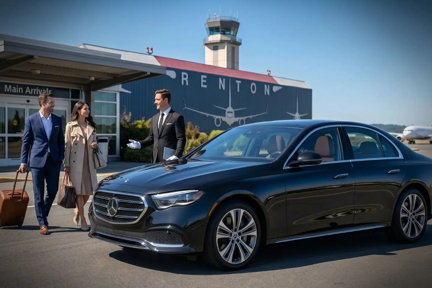Renton Municipal (RNT) Airport Car Service Premium SUV ready for RNT airport pickup near Boeing 737 factory in Renton