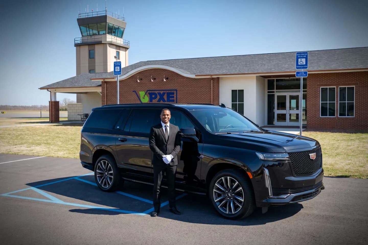Perry Houston County (PXE) Airport Car Service Union Limousine chauffeur greeting Georgia National Fair guest at PXE Perry Houston County airport FBO