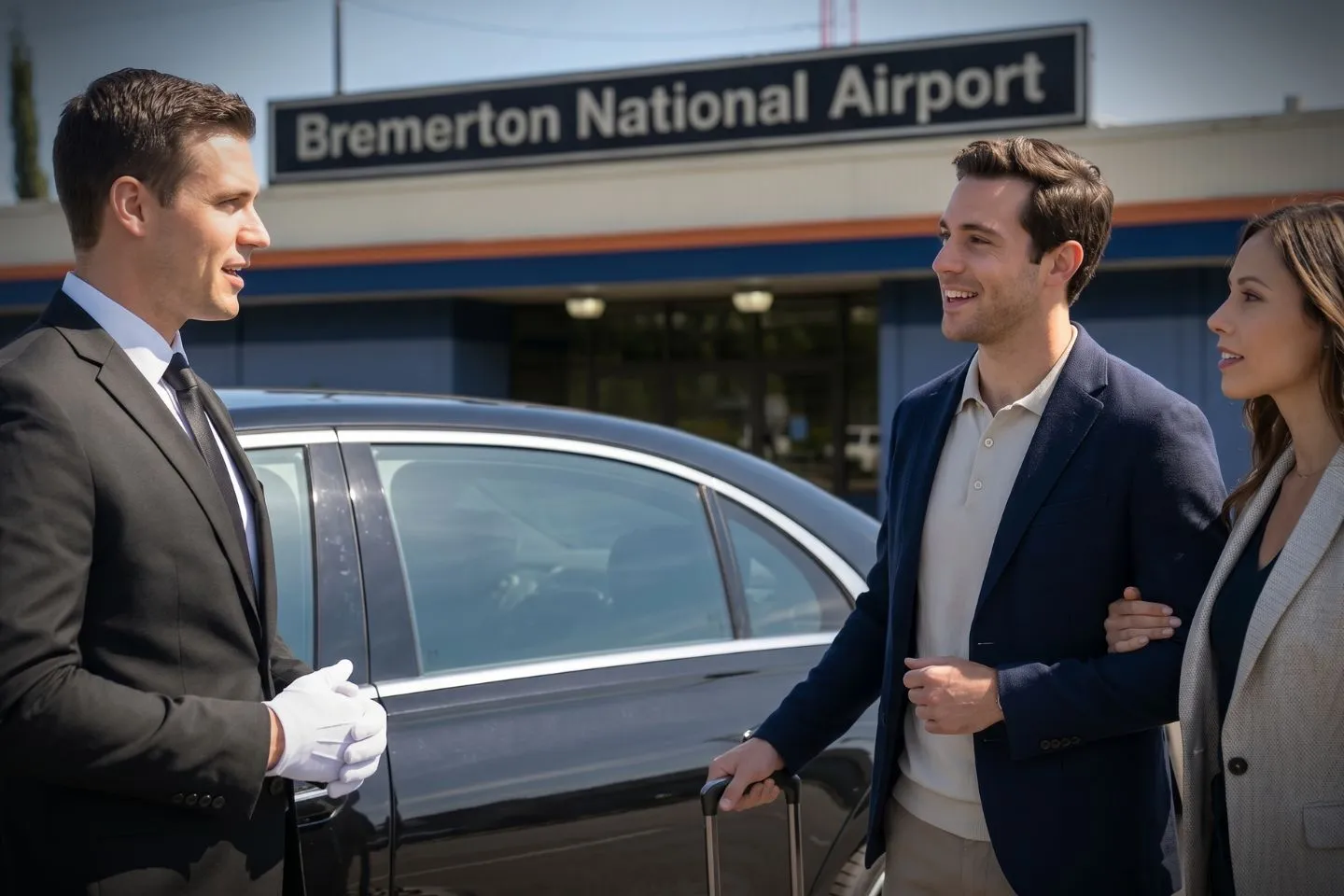 Bremerton National (PWT) Airport Car Service Professional chauffeur greeting passenger at PWT arrivals area in Kitsap County