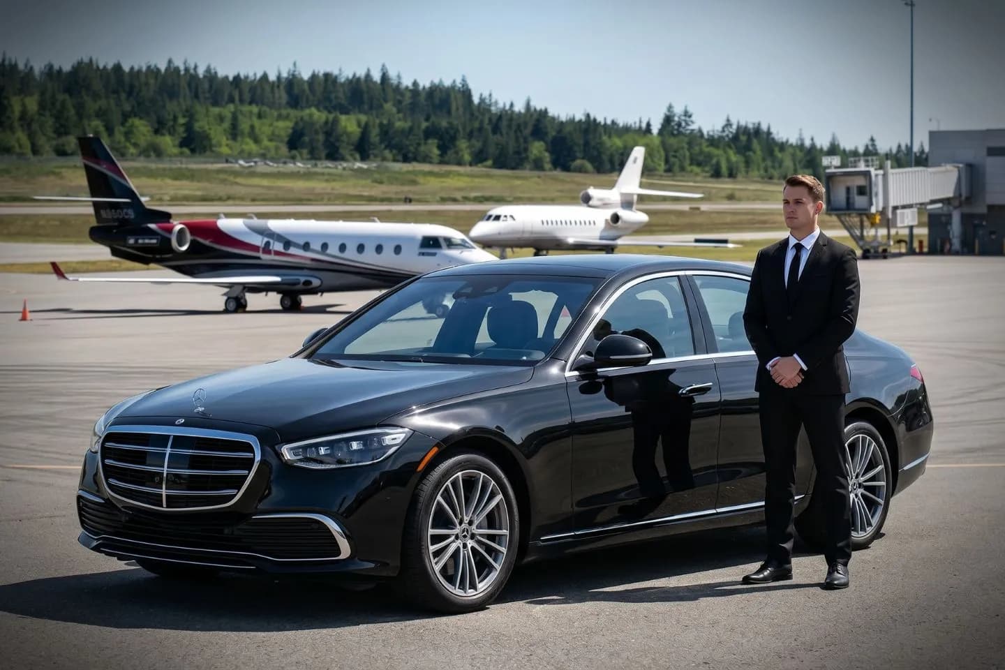 Bremerton National (PWT) Airport Car Service Black luxury sedan parked at Bremerton National Airport terminal curbside in Bremerton Washington
