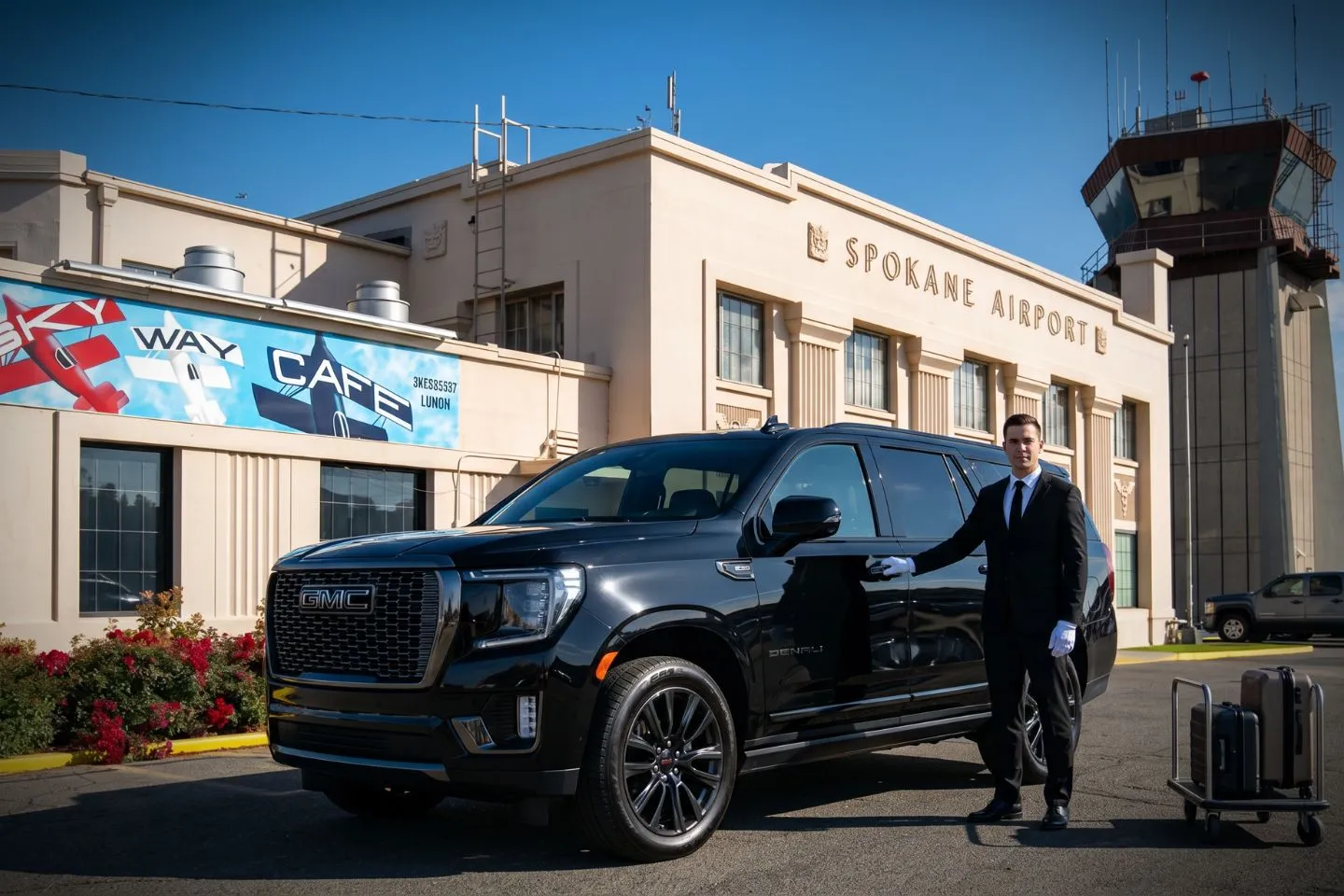 Felts Field Spokane (SFF) Airport Car Service Premium SUV ready for SFF airport pickup near private jet terminal in Spokane Valley