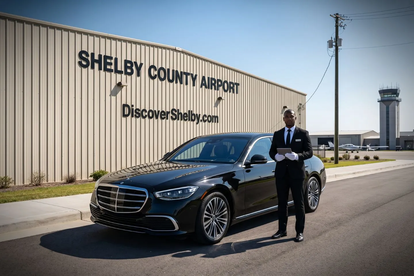 Shelby County (EET) Airport Car Service Luxury black Mercedes Benz S Class at Shelby County Airport EET terminal curbside in Alabaster Alabama