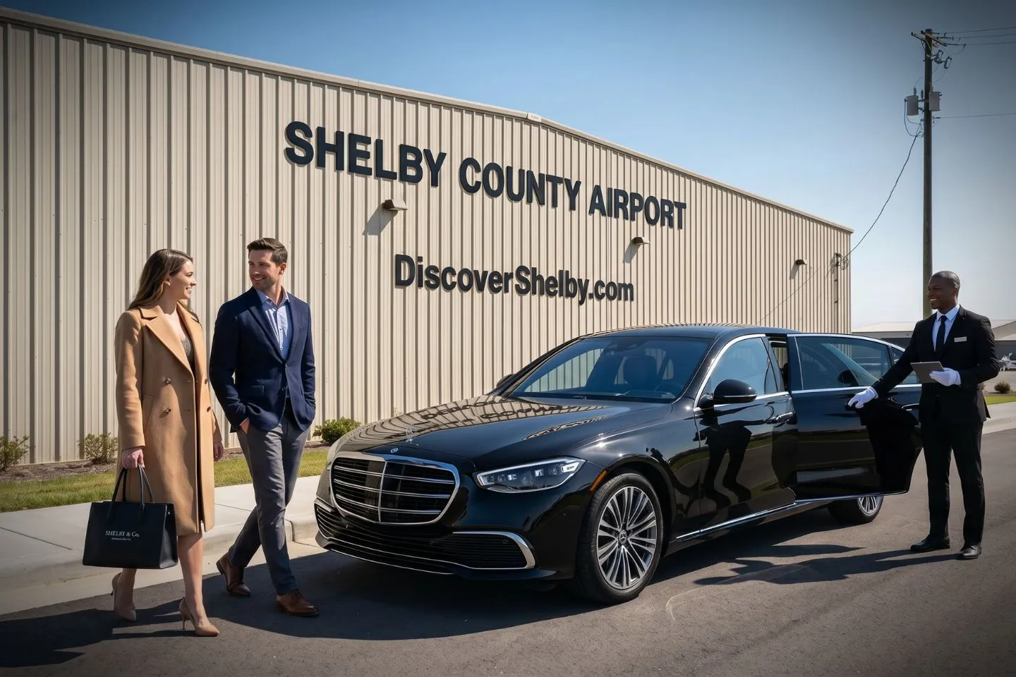Shelby County (EET) Airport Car Service Union Limousine chauffeur greeting Birmingham corporate executive at EET Shelby County airport FBO