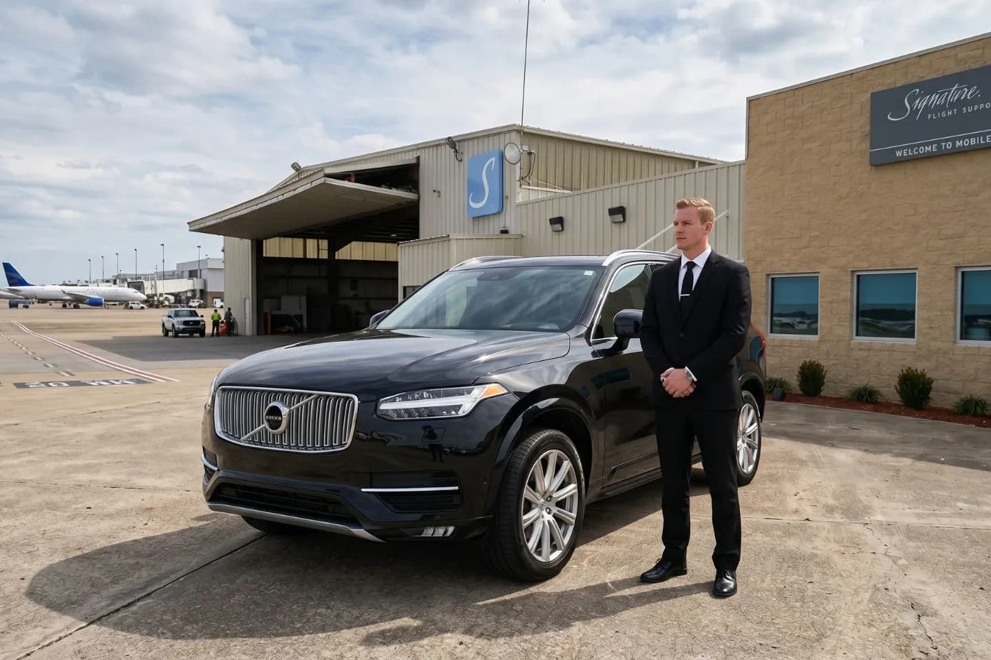 Mobile International (BFM) Airport Car Service Black Cadillac Escalade chauffeured car at Mobile International airport for ride to Gulf Shores and Orange Beach Alabama