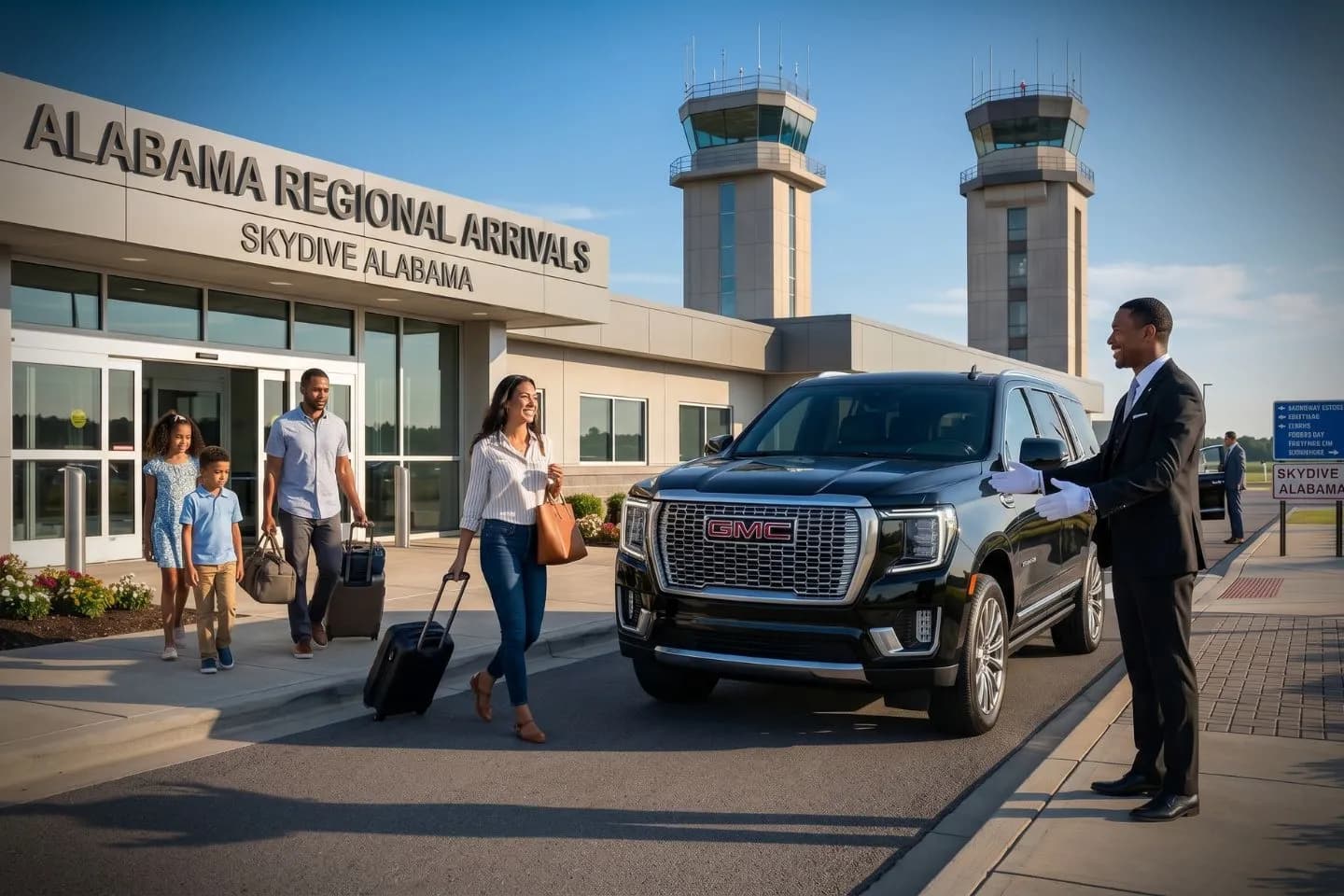 Monroeville Municipal (MVC) Airport Car Service Union Limousine chauffeur greeting To Kill a Mockingbird heritage guest at MVC Monroeville Municipal airport FBO