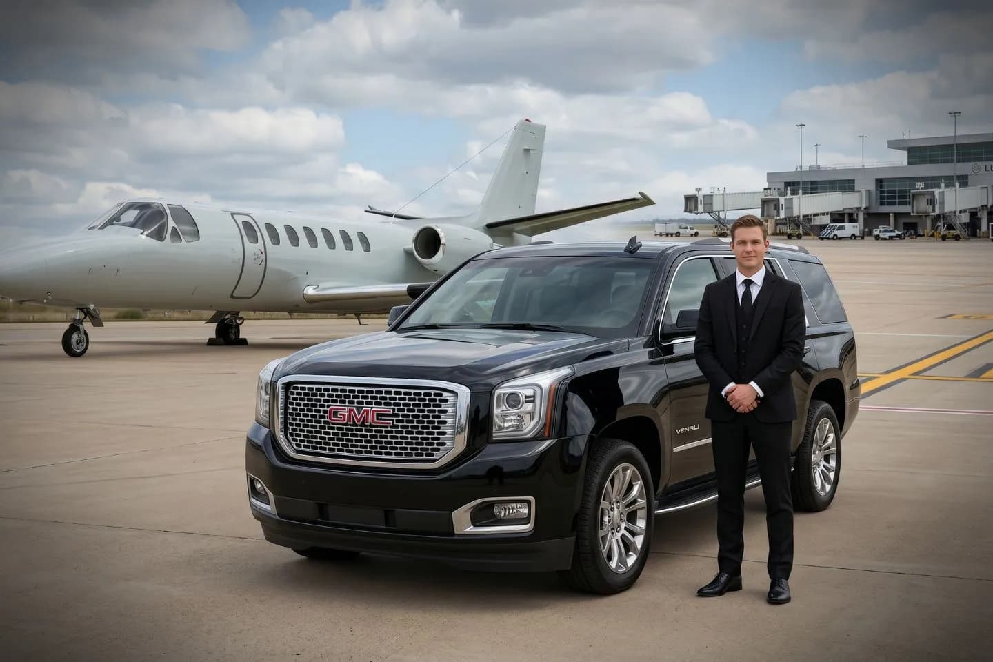 Monroeville Municipal (MVC) Airport Car Service Black Cadillac Escalade chauffeured car at Monroeville Municipal airport for ride to Monroe County Hospital and south Alabama