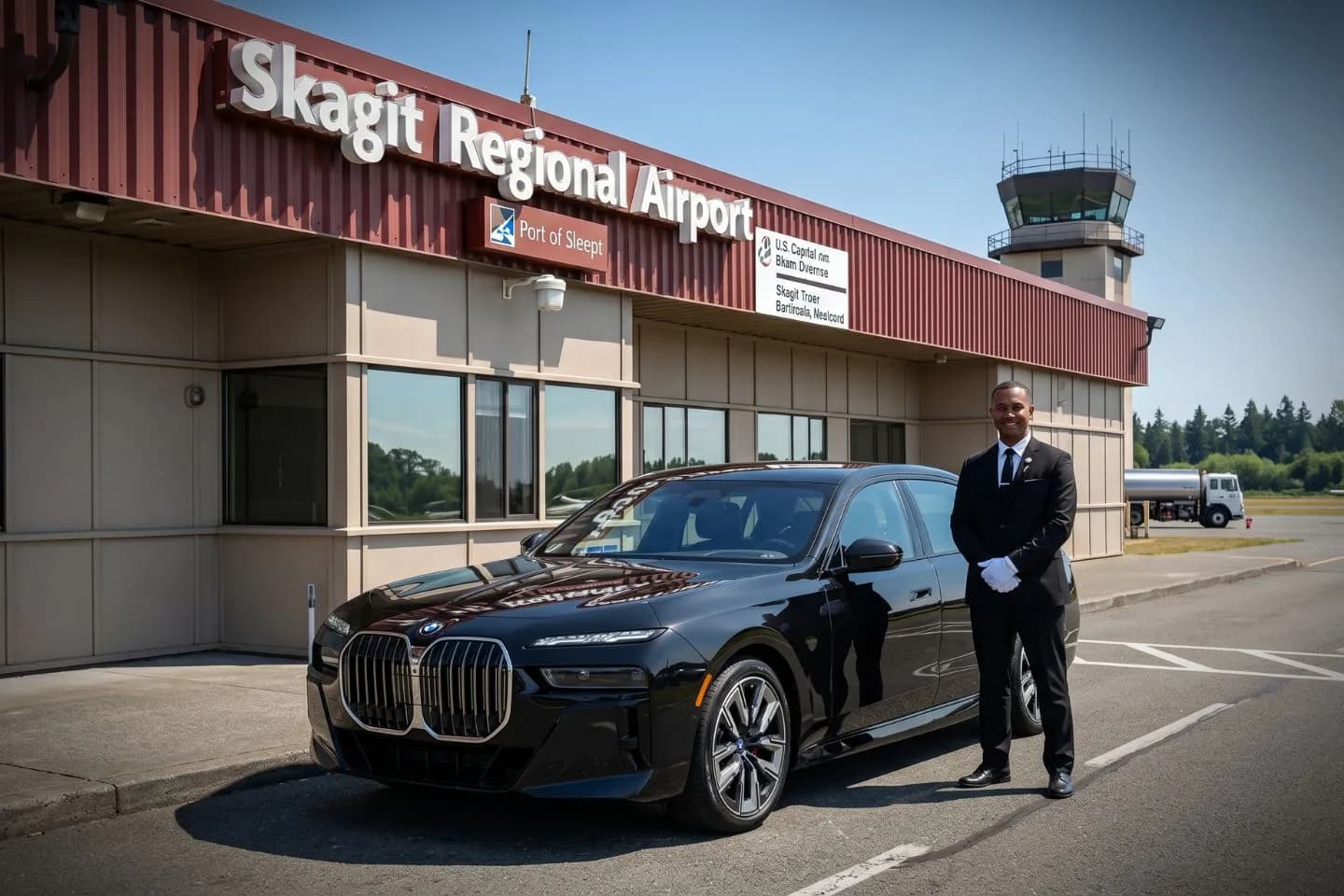 Skagit Regional (BVS) Airport Car Service Premium SUV ready for BVS airport pickup near Skagit Valley tulip fields