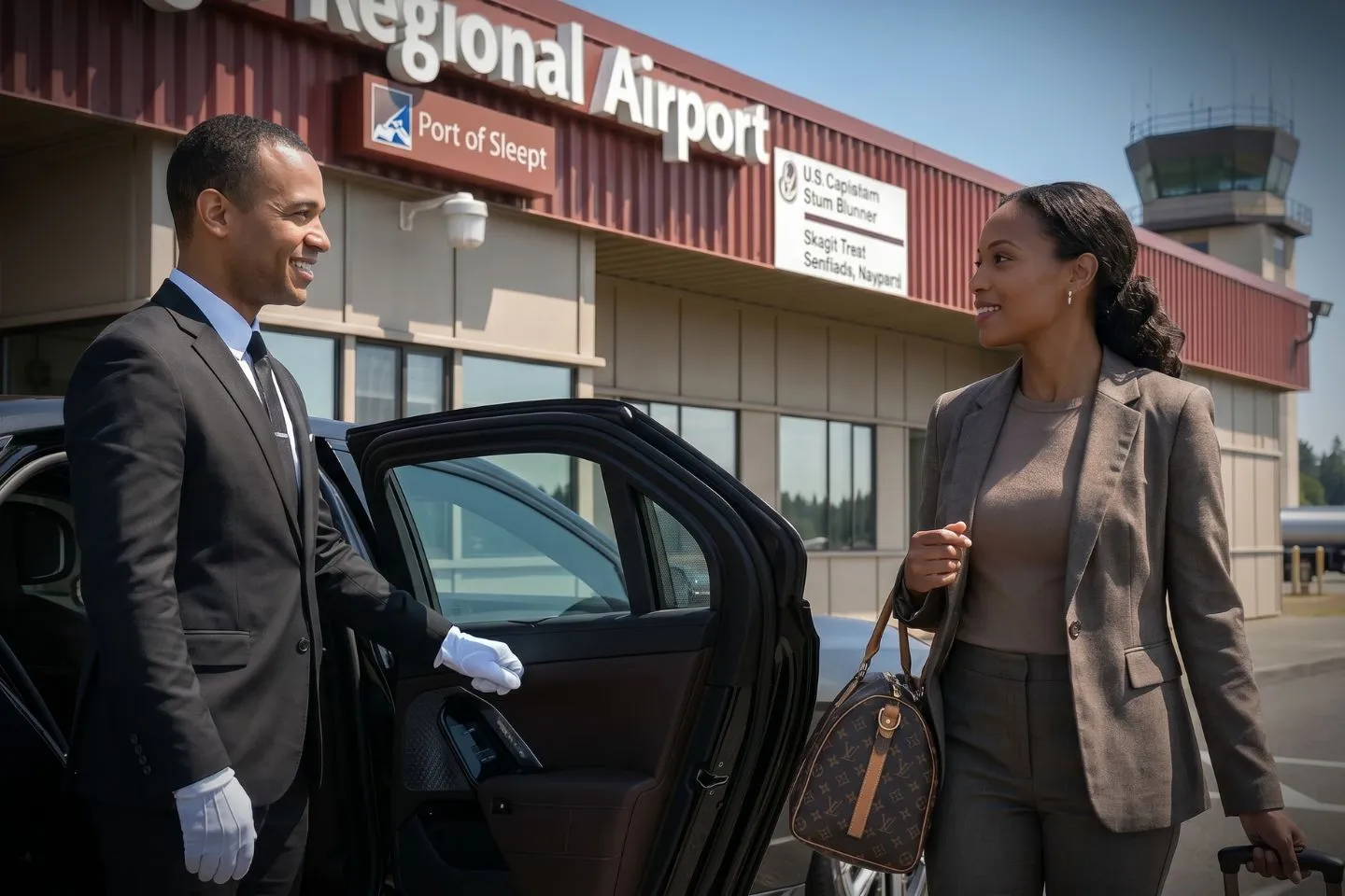 Skagit Regional (BVS) Airport Car Service Professional chauffeur greeting passenger at BVS arrivals area in Skagit County