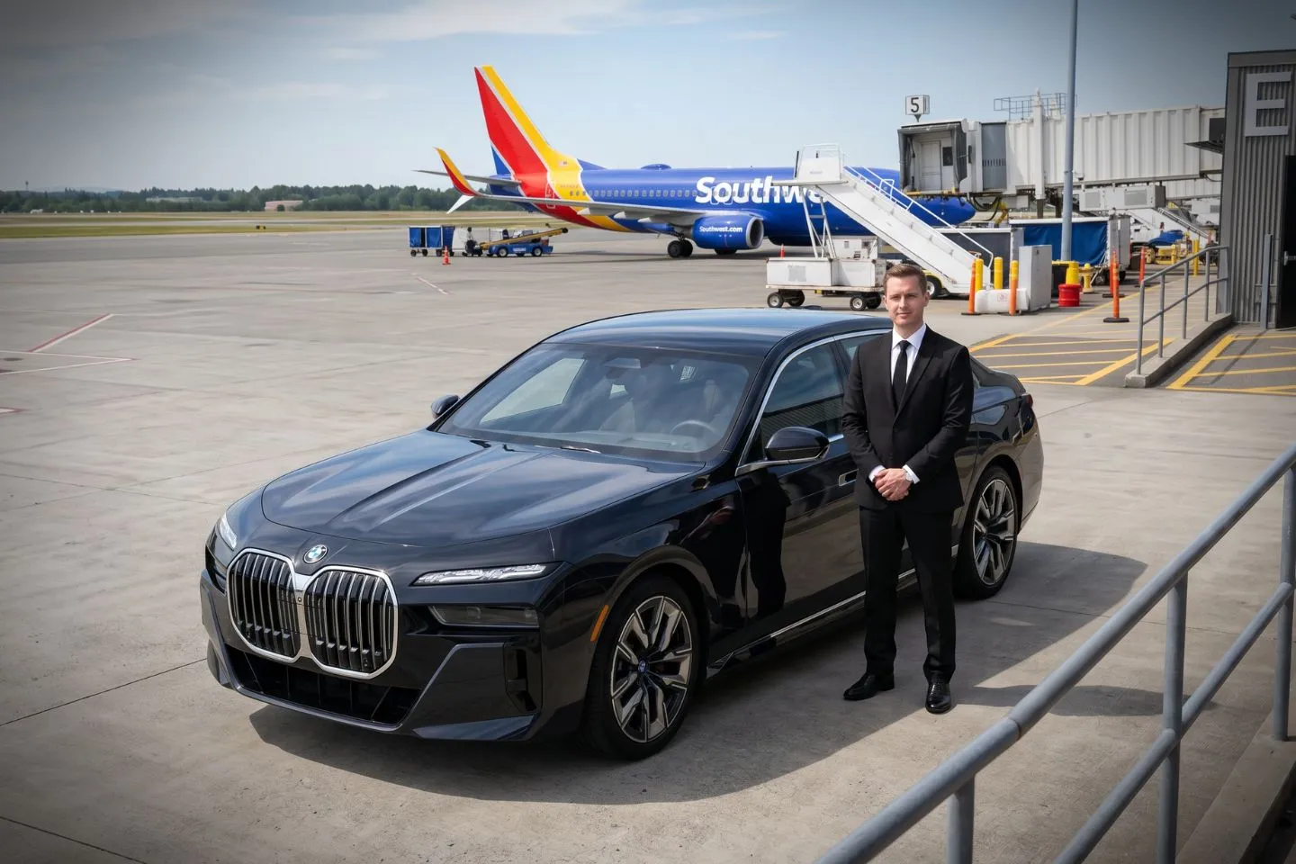 Skagit Regional (BVS) Airport Car Service Black luxury sedan parked at Skagit Regional Airport terminal curbside in Burlington Washington