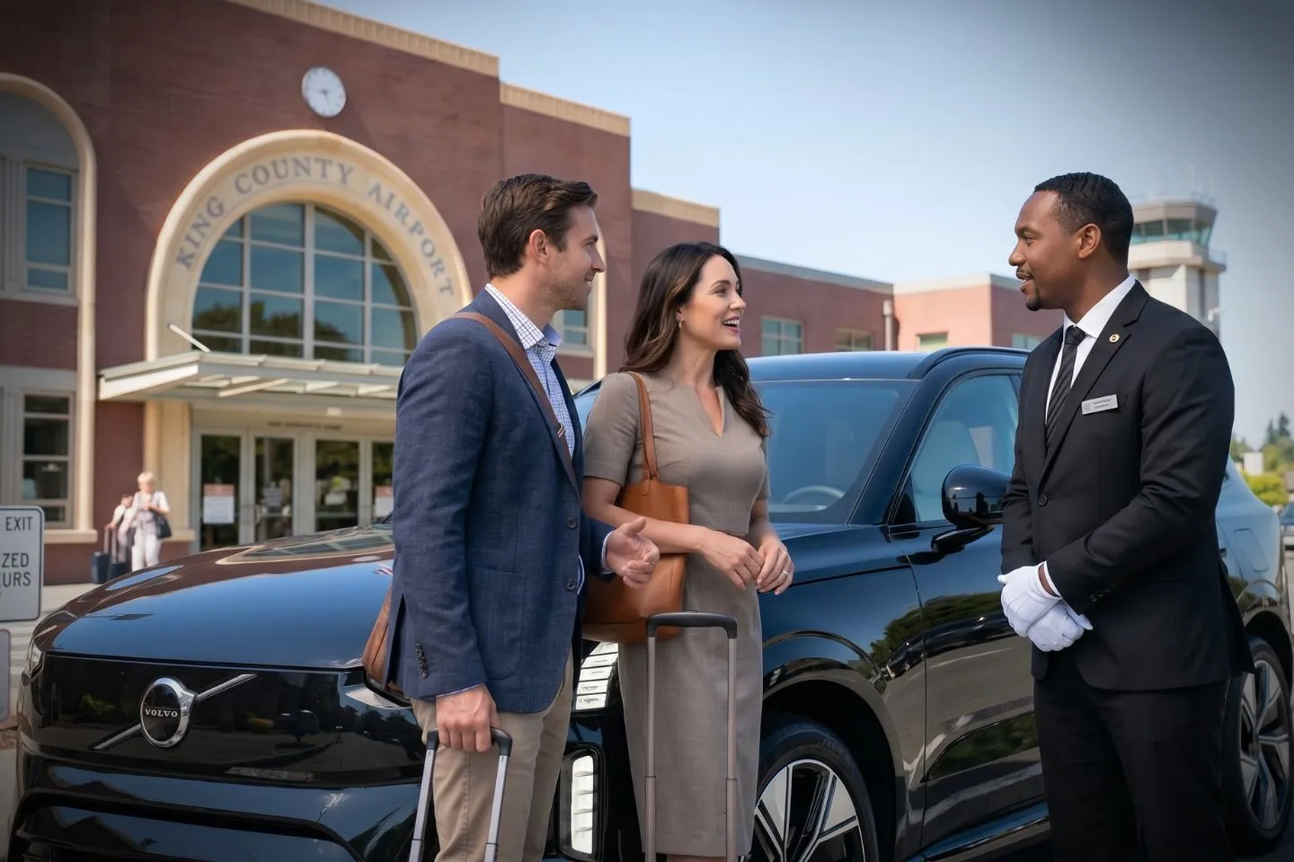 King County International Boeing Field (BFI) Airport Car Service Professional chauffeur greeting passenger at BFI FBO lobby private aviation arrivals