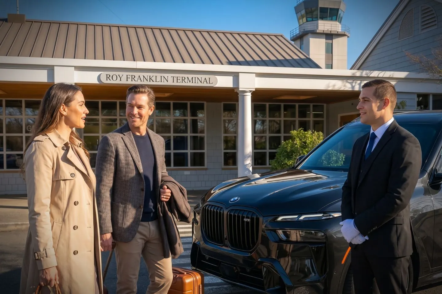 Friday Harbor (FHR) Airport Car Service Professional chauffeur greeting passenger at FHR arrivals area on San Juan Island