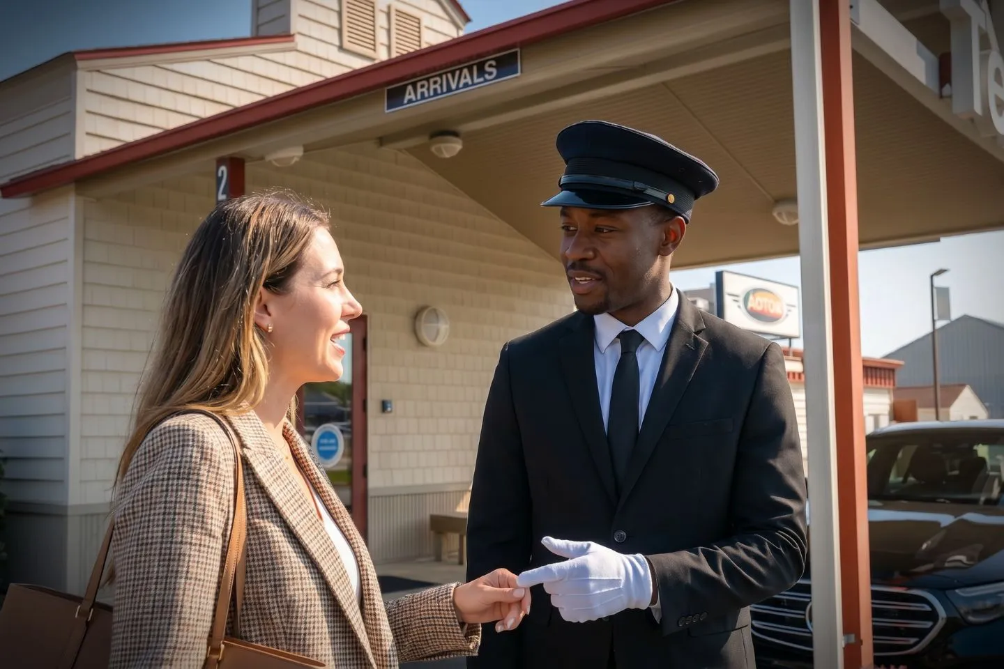Delaware Coastal (GED) Airport Car Service Professional chauffeur greeting passenger at GED FBO lobby private aviation arrivals