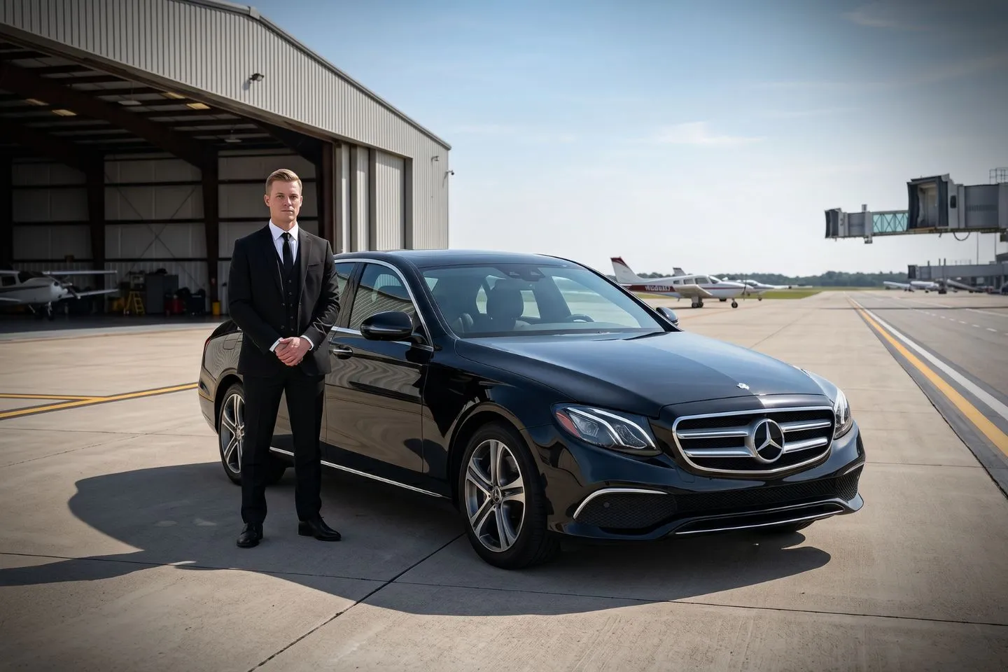 Delaware Coastal (GED) Airport Car Service Black luxury sedan parked at Delaware Coastal Airport FBO entrance in Georgetown Delaware