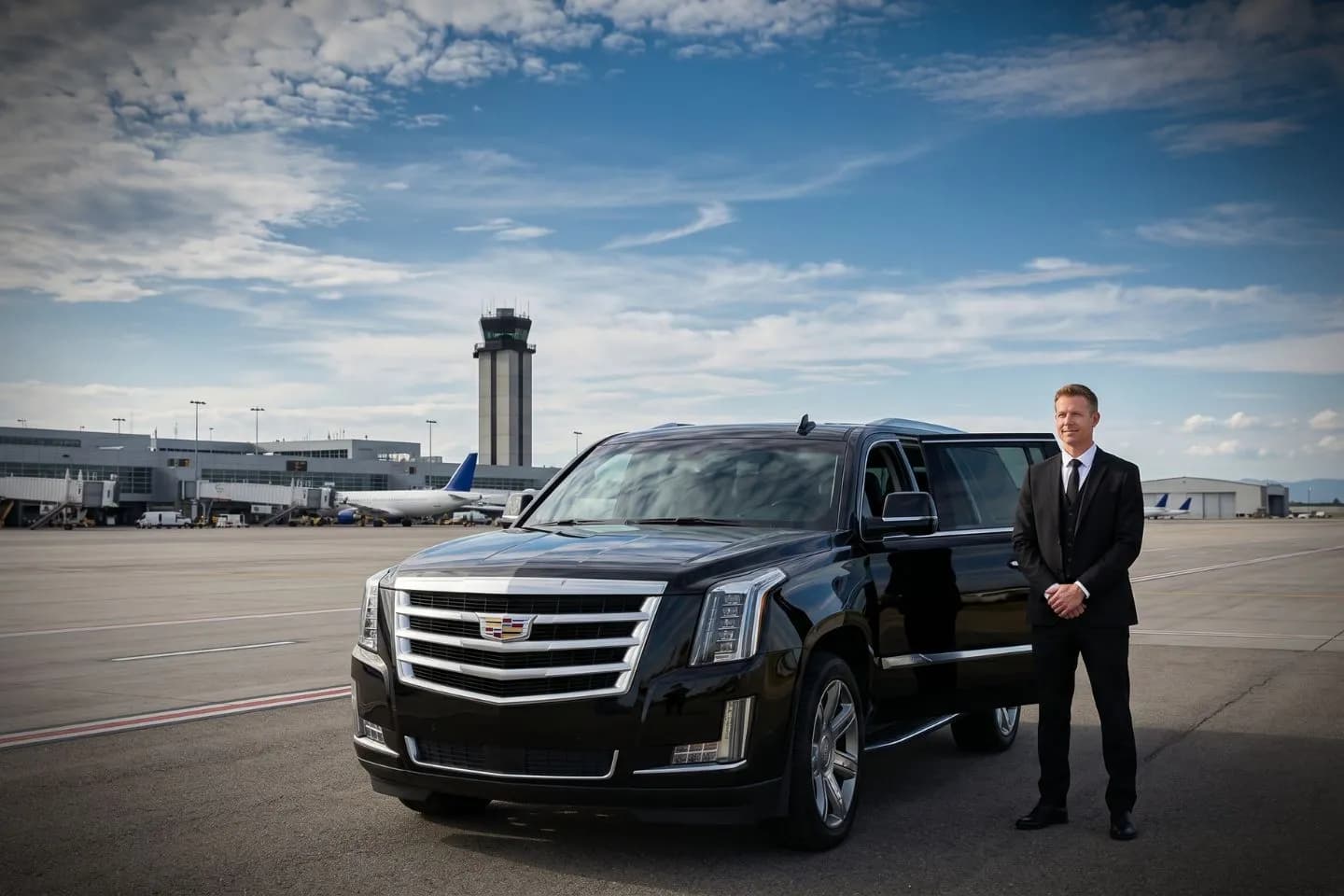 Merrill Field (MRI) Airport Car Service Black Cadillac Escalade chauffeured car at Merrill Field airport for ride to Providence Alaska Medical Center