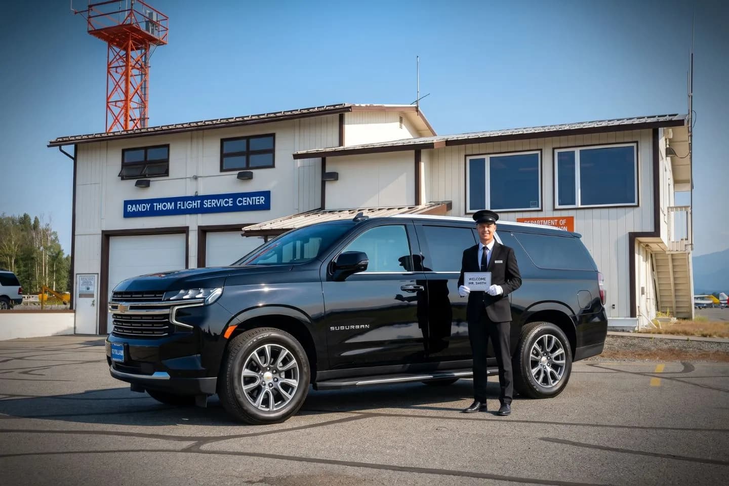 Palmer Municipal (PAQ) Airport Car Service Union Limousine chauffeur greeting Alaska State Fair guest at PAQ Palmer Municipal airport baggage claim