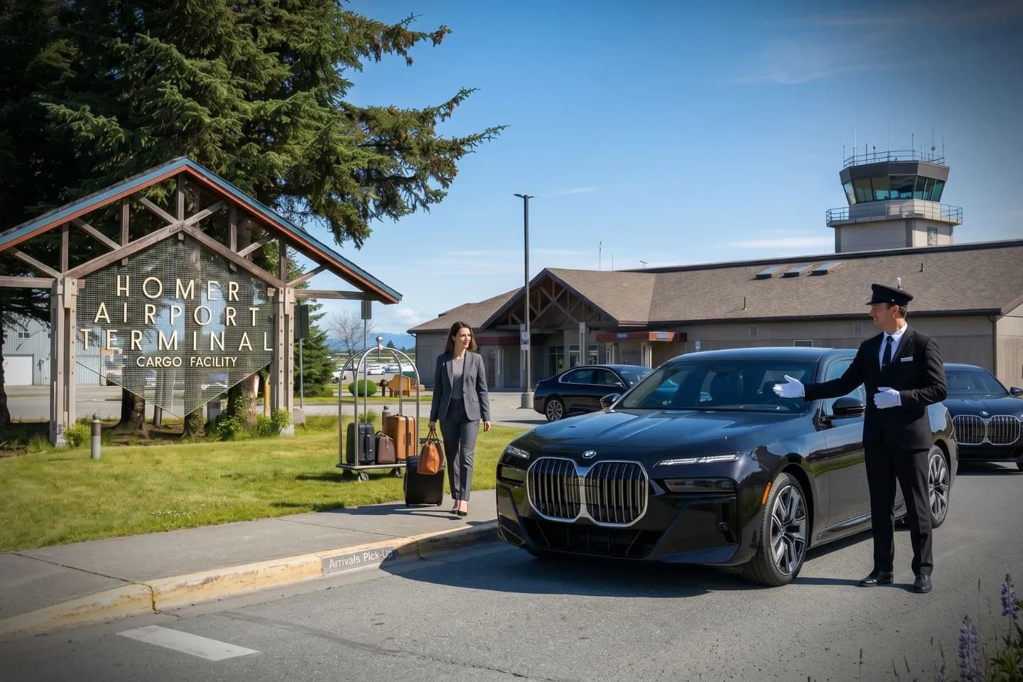 Homer (HOM) Airport Car Service Union Limousine chauffeur greeting halibut fishing charter guest at HOM Homer airport baggage claim