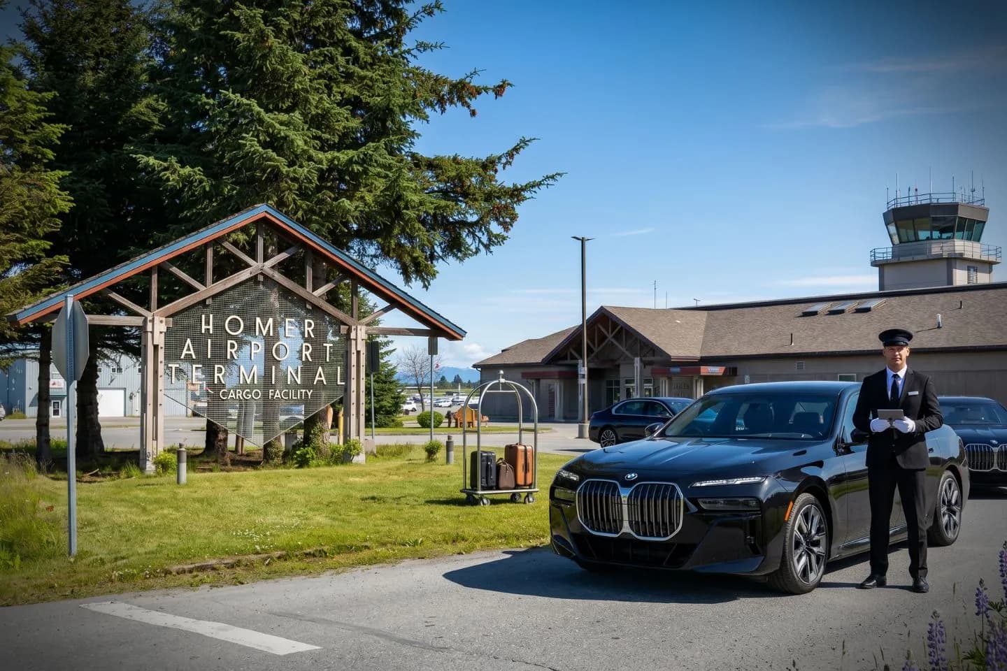 Homer (HOM) Airport Car Service Luxury black Mercedes Benz S Class at Homer Airport HOM terminal curbside in Alaska Kenai Peninsula