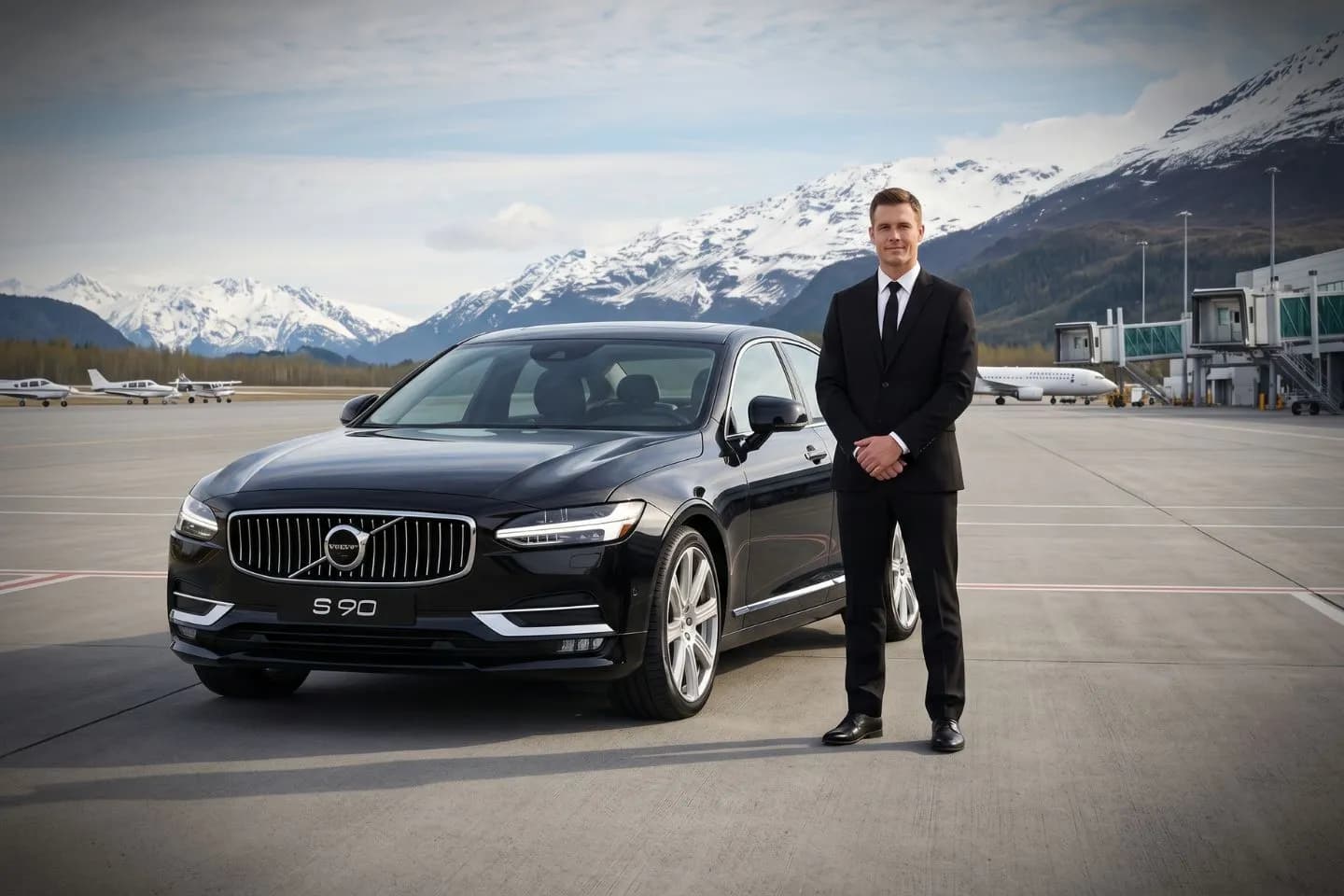 Valdez (VDZ) Airport Car Service Luxury black Mercedes Benz S Class at Valdez Pioneer Field Airport VDZ terminal curbside in Alaska