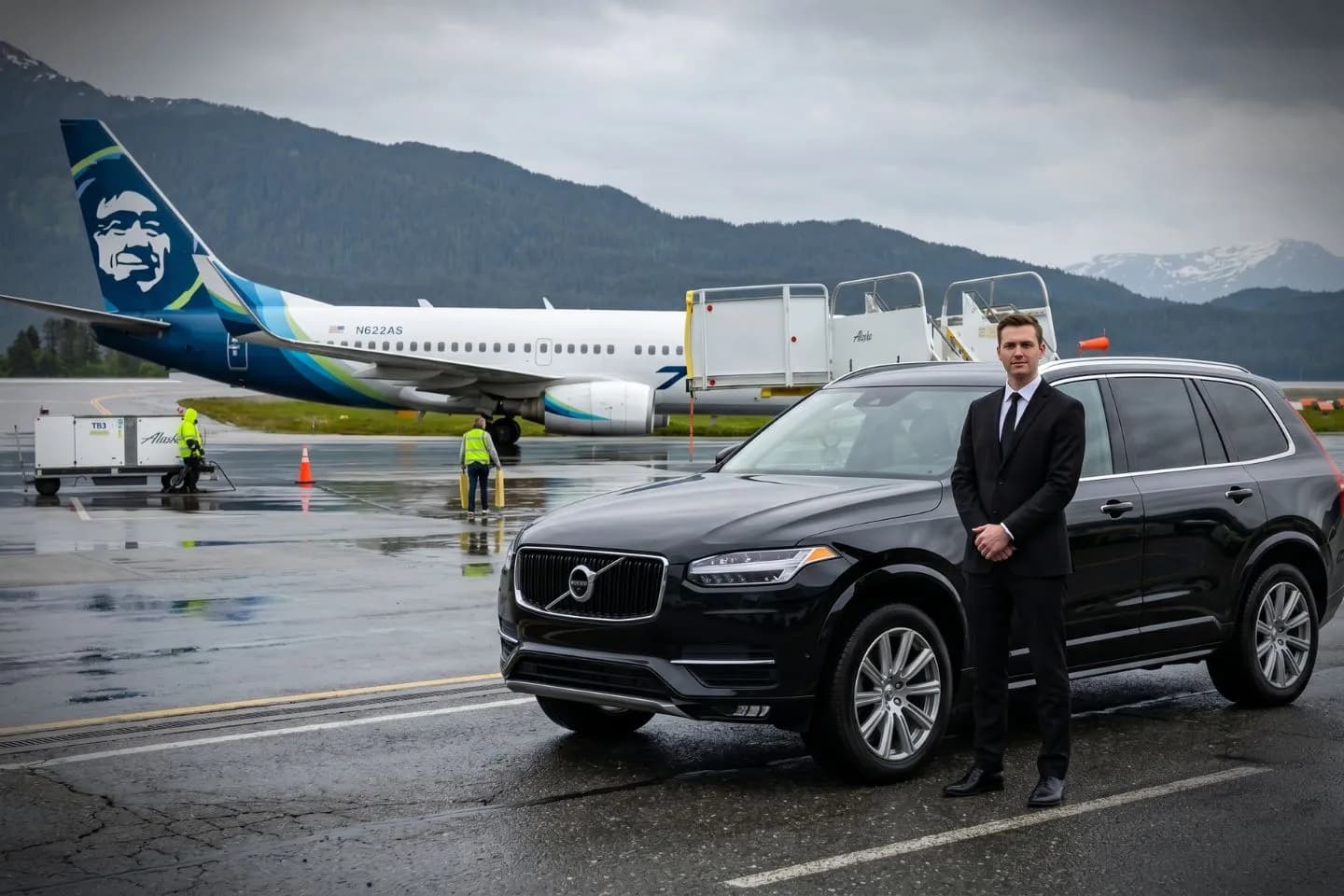 Wrangell (WRG) Airport Car Service Luxury black Mercedes Benz S Class at Wrangell Airport WRG terminal curbside in Southeast Alaska