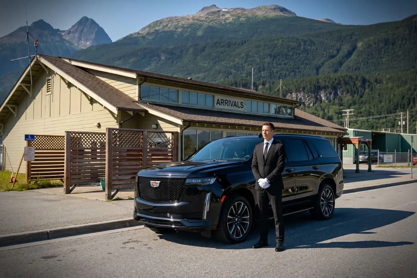 Skagway (SGY) Airport Car Service Union Limousine chauffeur greeting Klondike Gold Rush heritage guest at SGY Skagway airport baggage claim