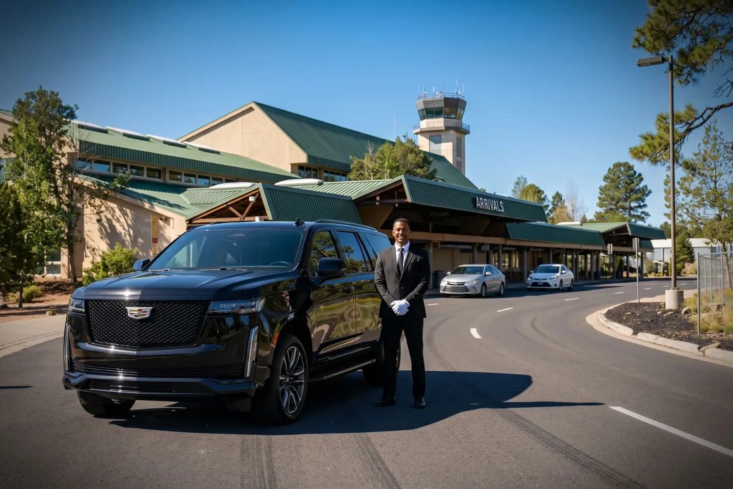 Flagstaff Pulliam Airport (FLG) Airport Car Service Union Limousine chauffeur greeting Grand Canyon National Park guest at FLG Flagstaff Pulliam airport baggage claim