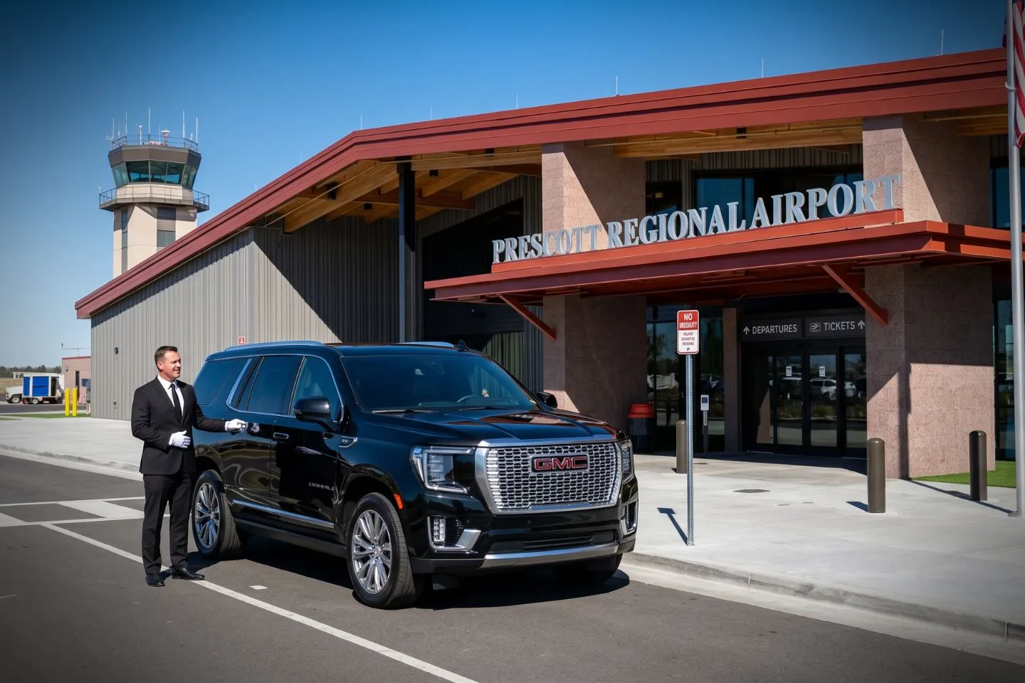Prescott Regional (PRC) Airport Car Service Union Limousine chauffeur greeting Embry Riddle Aeronautical guest at PRC Prescott Regional airport baggage claim