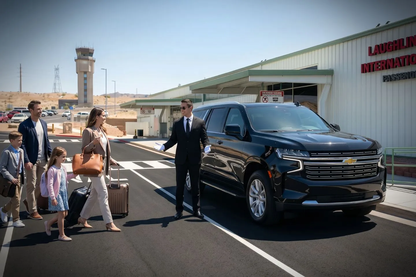 Laughlin Bullhead International (IFP) Airport Car Service Union Limousine chauffeur greeting Laughlin casino guest at IFP Laughlin Bullhead International airport baggage claim