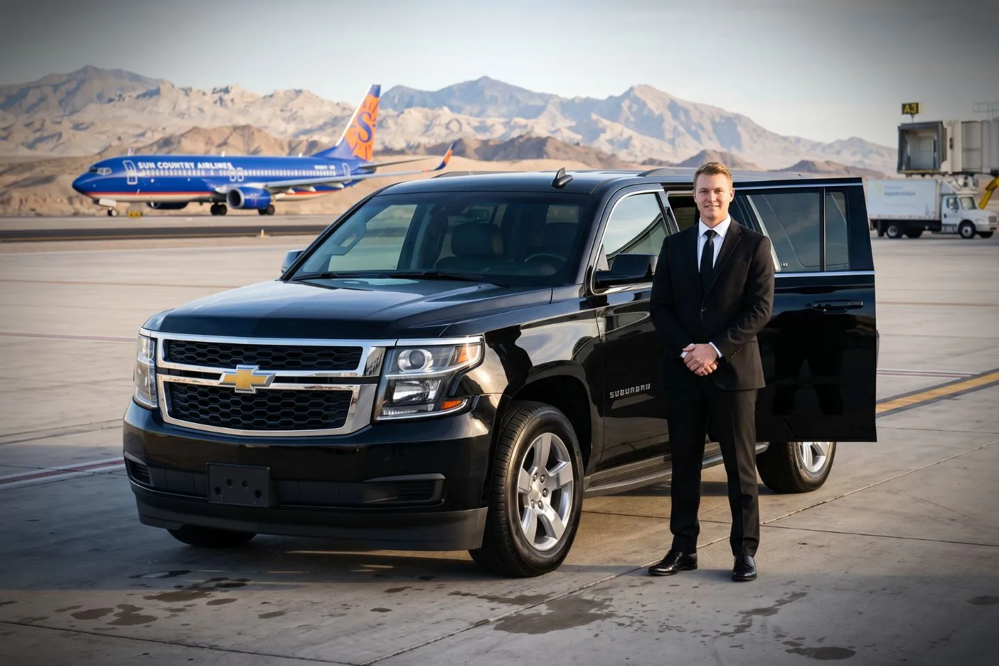 Laughlin Bullhead International (IFP) Airport Car Service Black Cadillac Escalade chauffeured car at Laughlin Bullhead International airport for ride to Colorado River boat charters